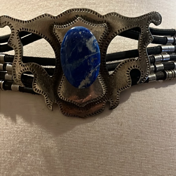 Vintage A.C. Gypsy lapis with corded silver tone beaded statement belt - Picture 7 of 15
